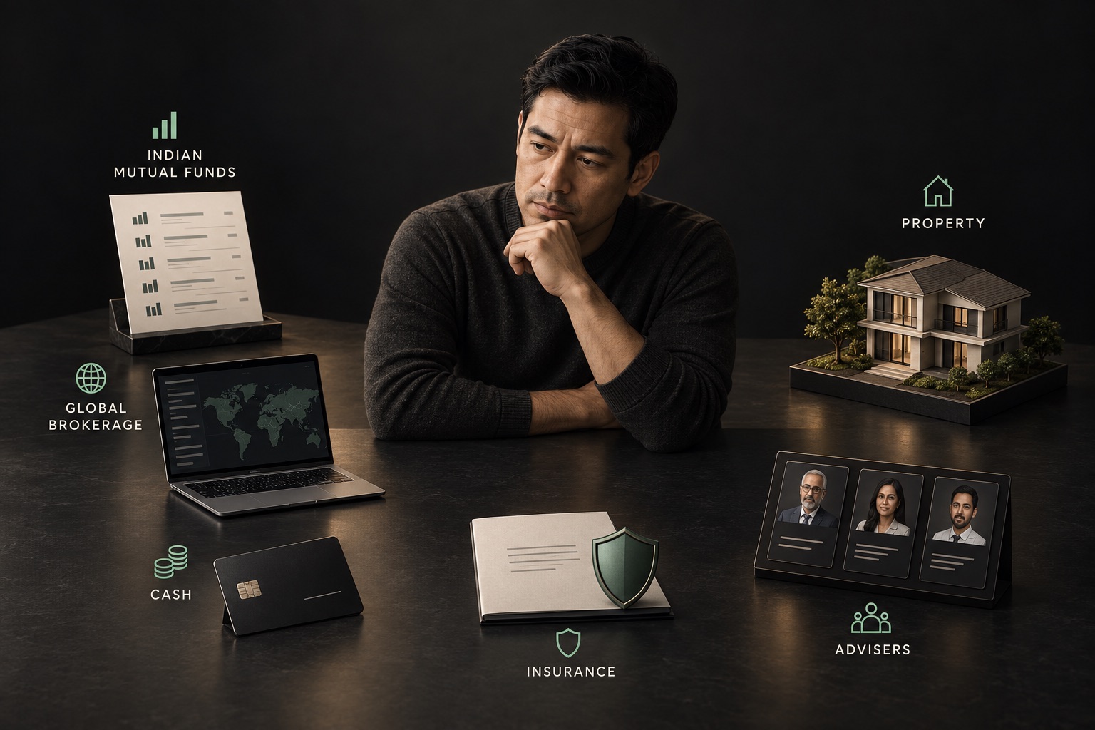 An investor at a desk surrounded by separate holdings, Indian mutual funds, global brokerage, cash, insurance and property, each sitting apart with its own adviser.